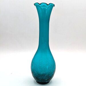 Vintage  Blue Crackle Glass Hand Blown Bud Vase Ruffled Edge Rim 8"